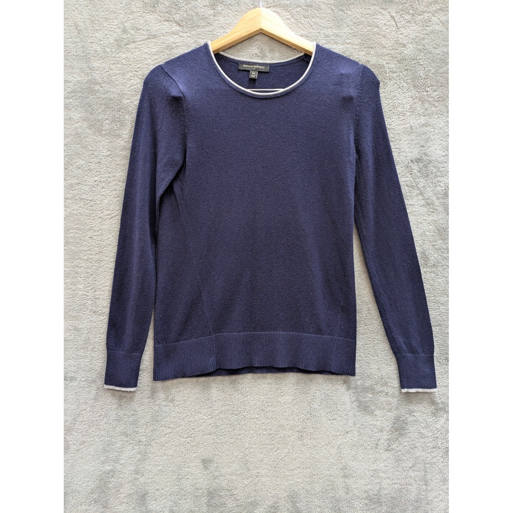 Minimalist Crewneck Sweater Women XS Navy Blue Silver Metallic Trim Knit